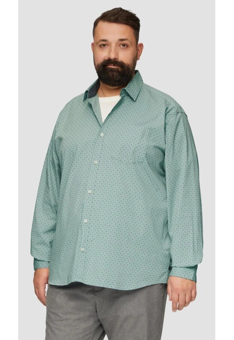 sOliver Мъжка риза с големи размери - дълъг ръкав и щампа на цветя - Slim Fit - светло зелено