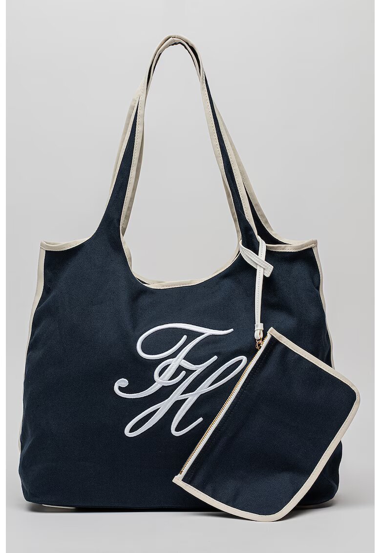 Tommy Hilfiger Чанта Tote от лен и памук с бродирано лого - Бял/Тъмносин