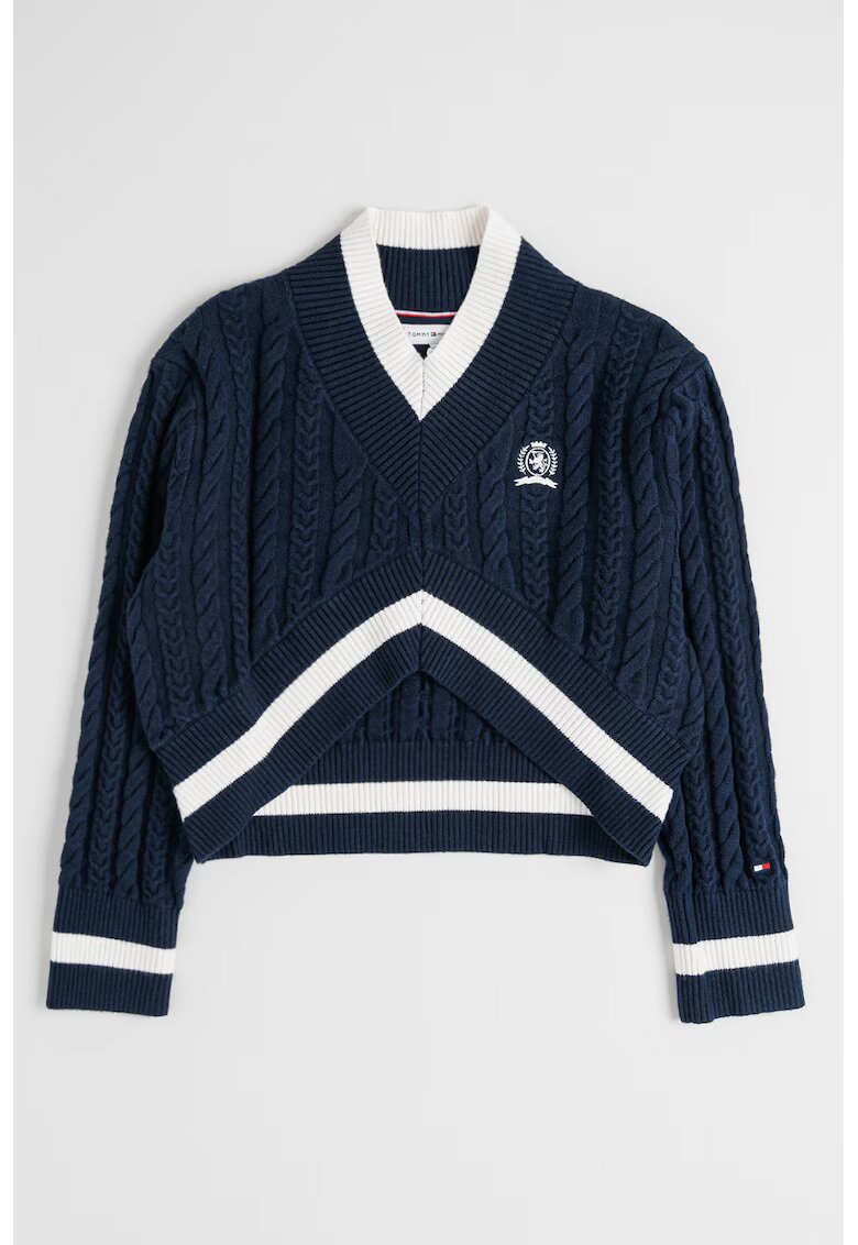 Tommy Hilfiger Къс пуловер с шпиц и плетка осморка - Бял/Тъмносин