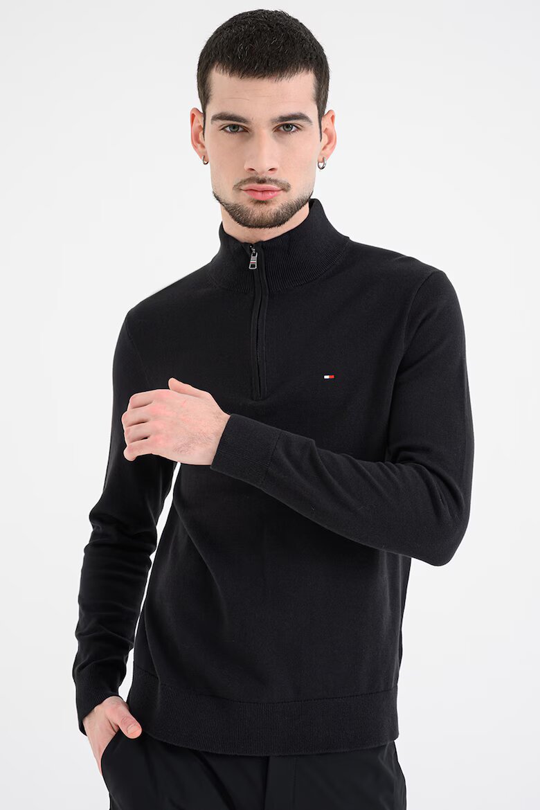 Tommy Hilfiger Памучен пуловер с къс цип Черен