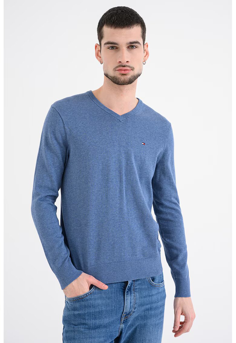 Tommy Hilfiger Памучен пуловер с шпиц - Син меланж