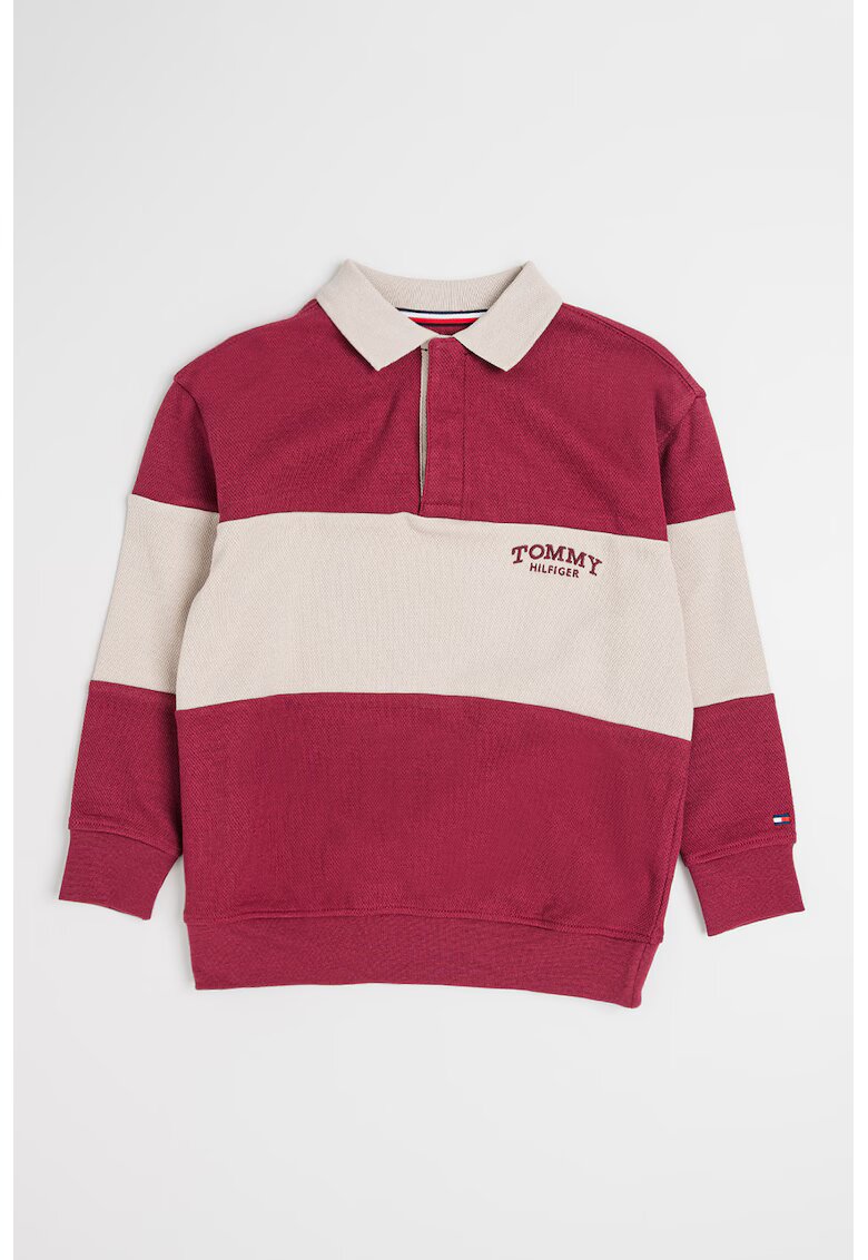 Tommy Hilfiger Памучна блуза с яка и релеф - Бордо/Светло кафяво