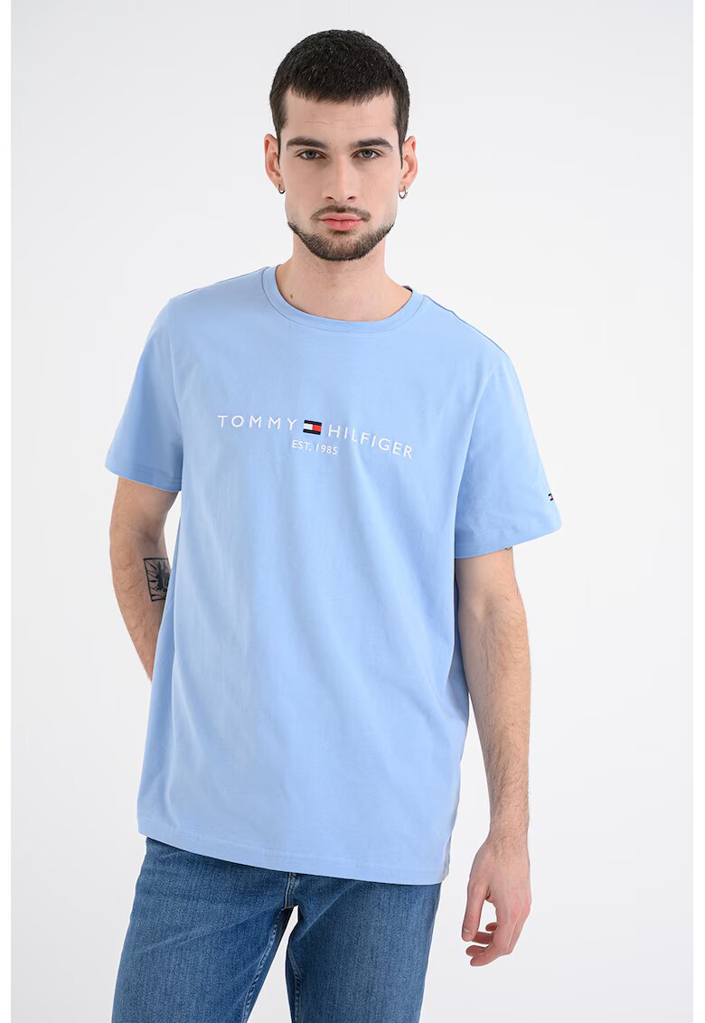 Tommy Hilfiger Памучна тениска с бродирано лого - Бял/Тъмносин/Син
