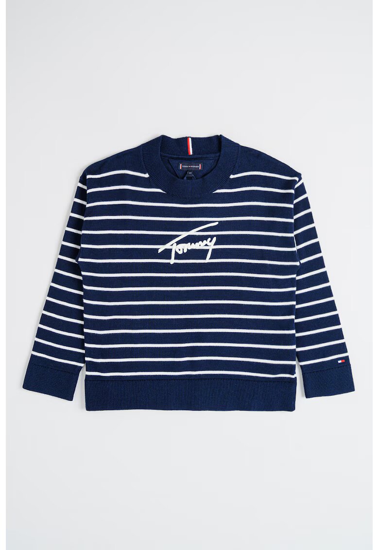 Tommy Hilfiger Пуловер от органичен памук с лого - Бял/Тъмносин
