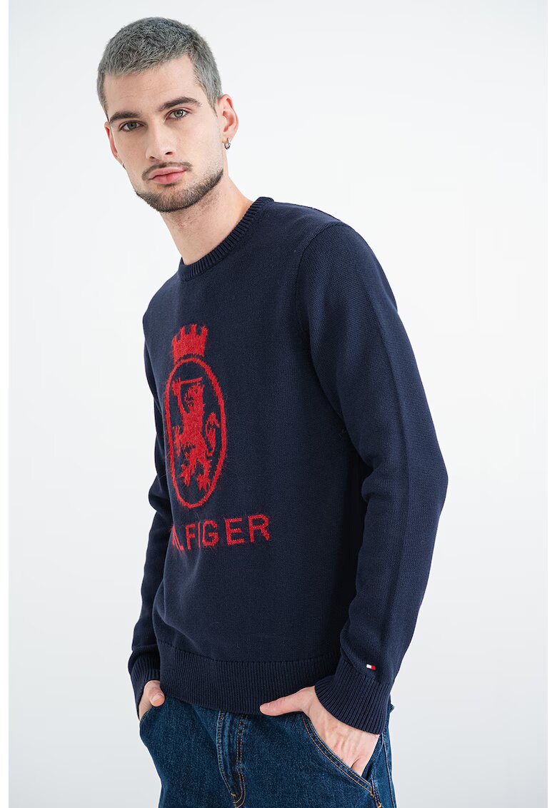 Tommy Hilfiger Пуловер от органичен памук с лого - Червен/Тъмносин