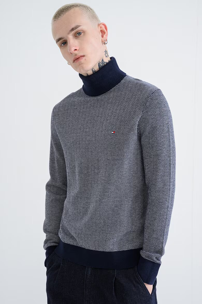 Tommy Hilfiger Пуловер с кашмир с рибена кост Бял/Тъмносин