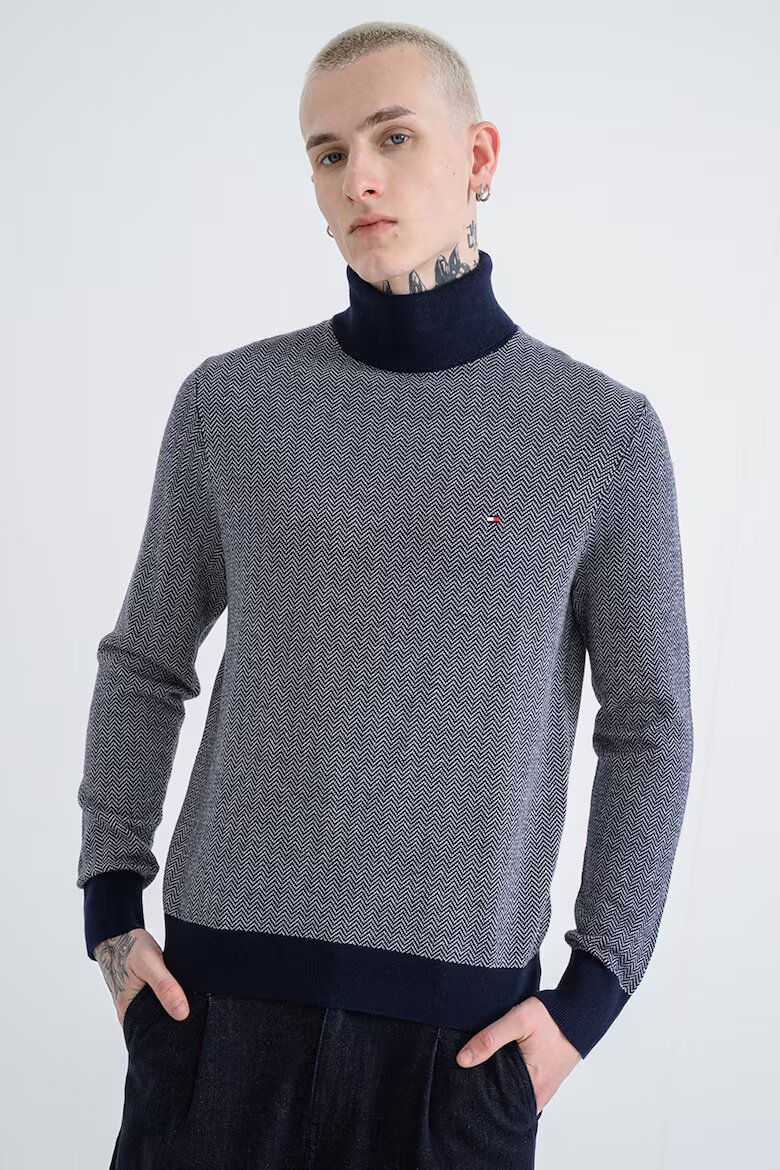 Tommy Hilfiger Пуловер с кашмир с рибена кост Бял/Тъмносин