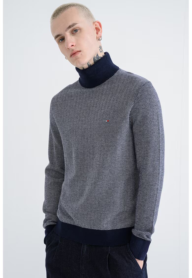 Tommy Hilfiger Пуловер с кашмир с рибена кост - Бял/Тъмносин