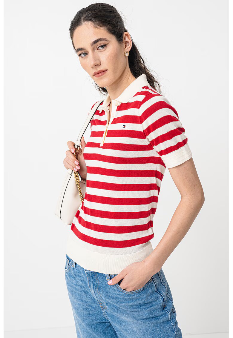Tommy Hilfiger Пуловер с лиосел с къси ръкави и яка - Слонова кост/Аленочервен