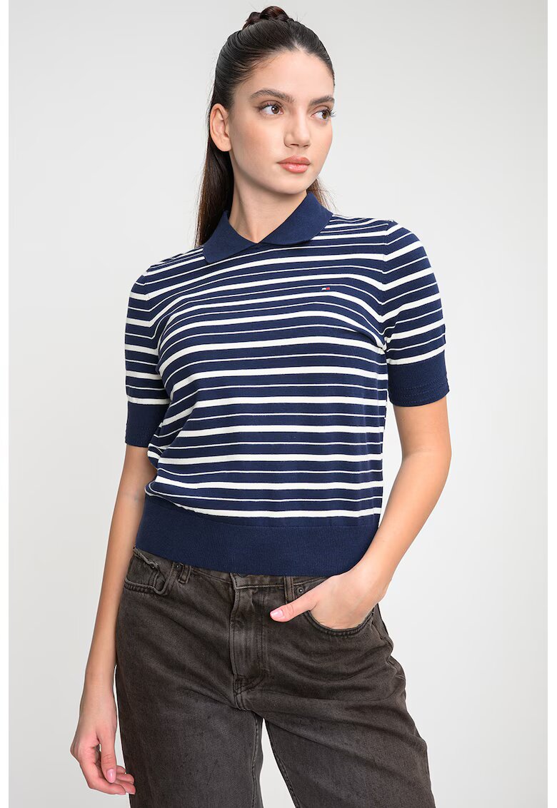 Tommy Hilfiger Раирана слим тениска - Бял/Тъмносин