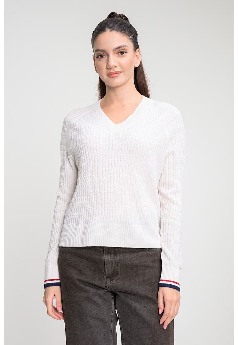 Tommy Hilfiger Рипсен пуловер с шпиц - Мръснобял