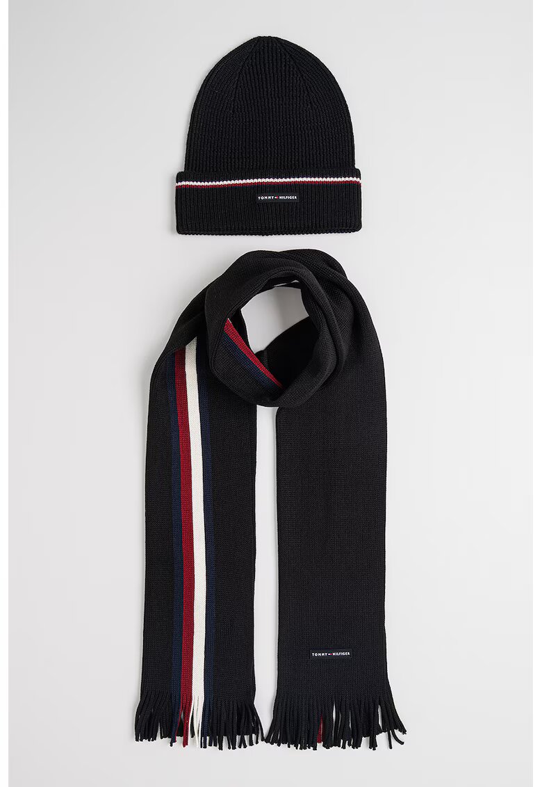 Tommy Hilfiger Шал с вълна и лого и шапка - Бордо/Черен