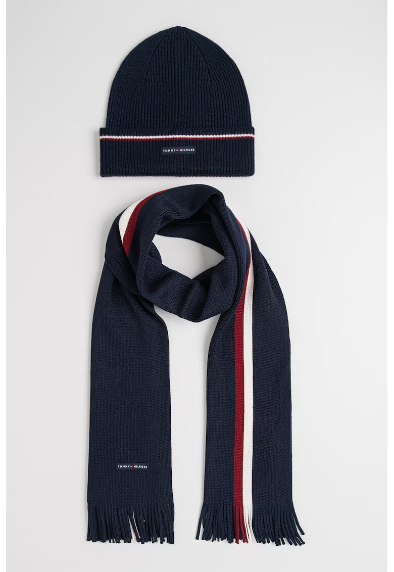 Tommy Hilfiger Шал с вълна и лого и шапка - Бордо/Тъмносин