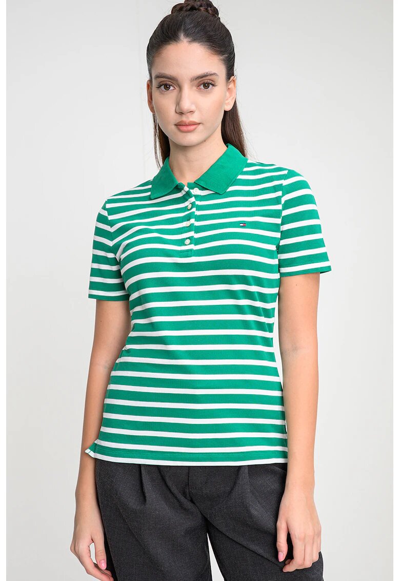 Tommy Hilfiger Слим тениска с яка и лого - Бял/Зелен