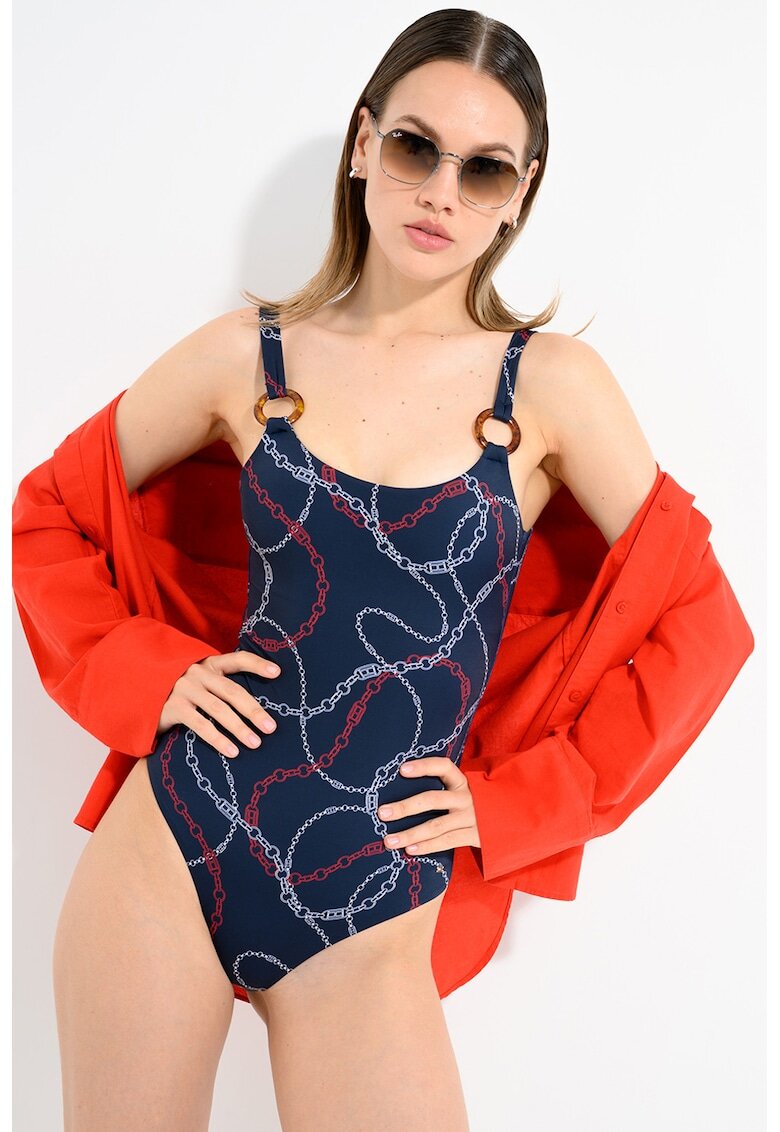 Tommy Hilfiger Цял бански с принт - Бял/Тъмносин