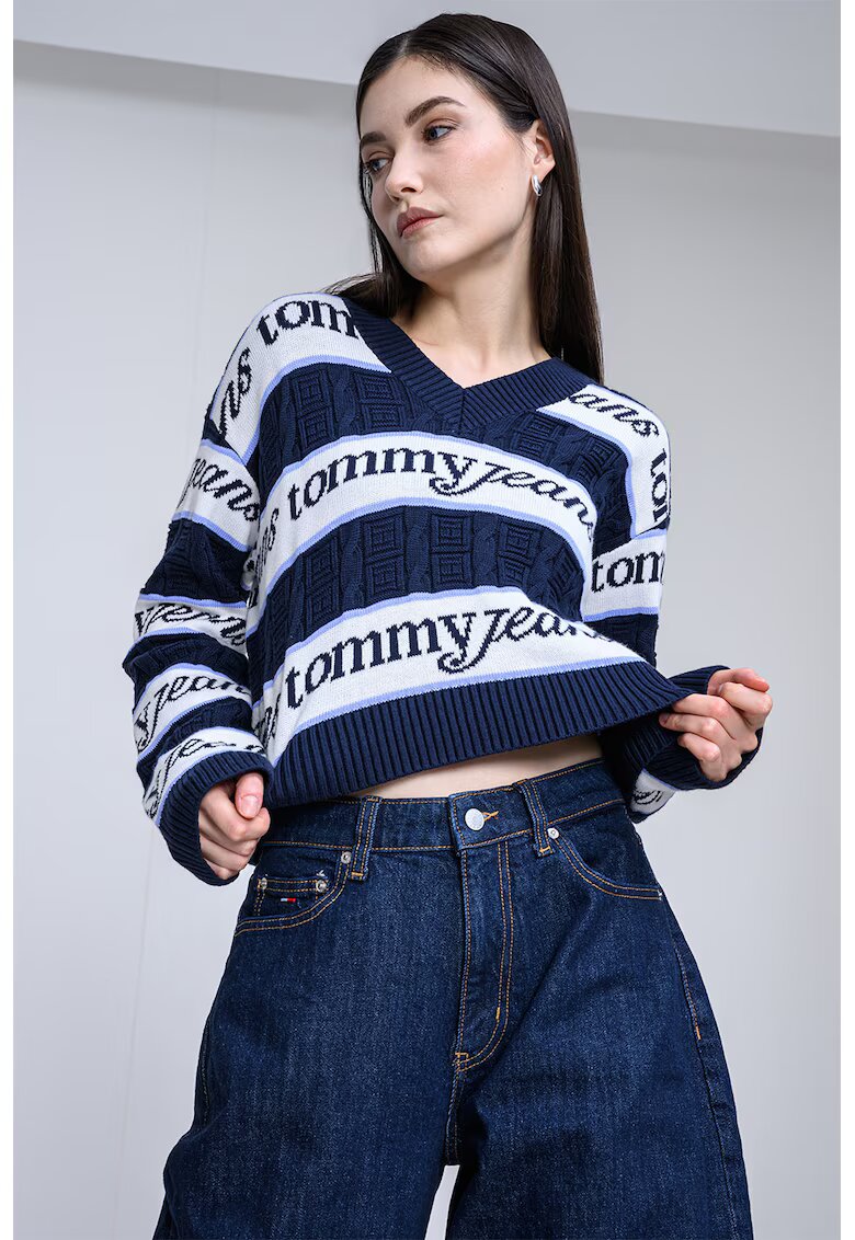 Tommy Jeans Къс пуловер от органичен памук - Бял/Тъмносин