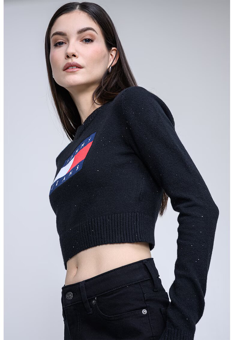 Tommy Jeans Къс пуловер с лого - Черен