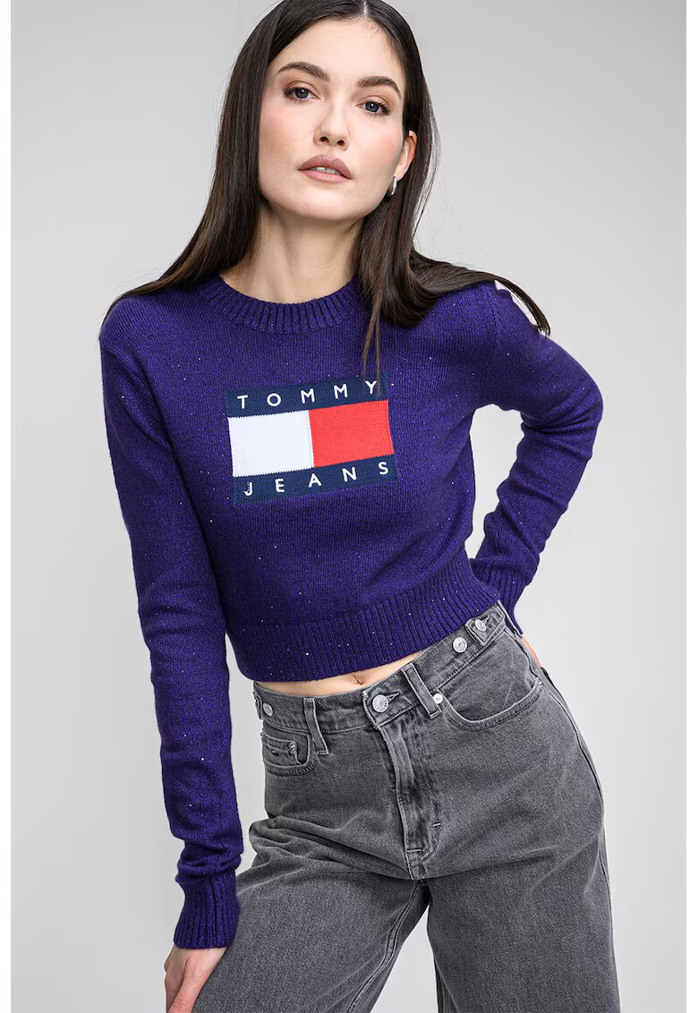 Tommy Jeans Къс пуловер с лого - Виолетов