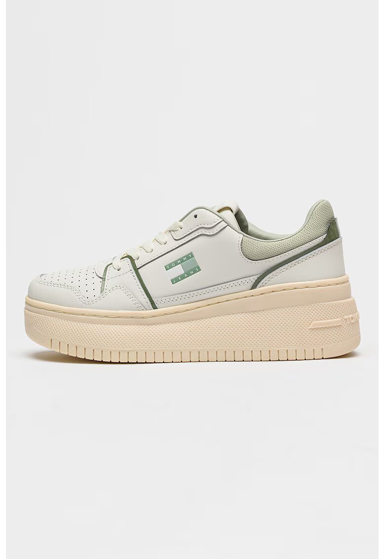 Tommy Jeans Кожени маратонки Retro Basket с платформа - Бял/Бледозелен