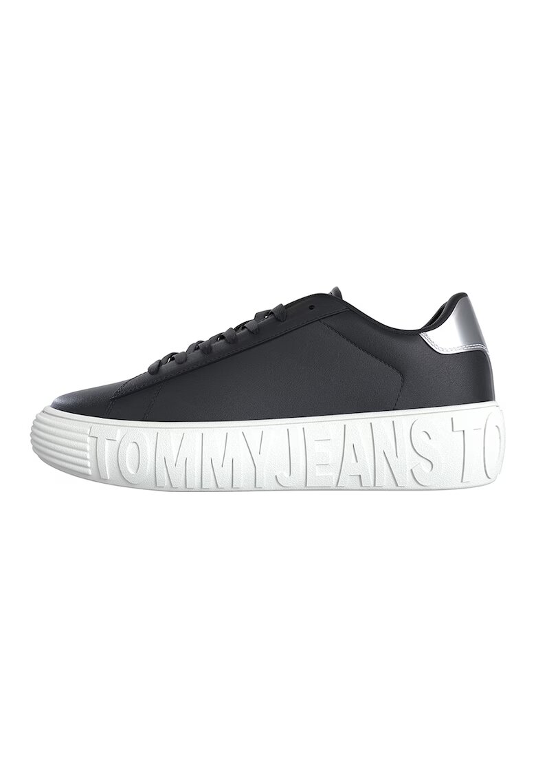 Tommy Jeans Скосени спортни обувки с кожа и лого - Бял/Черен/Сребрист