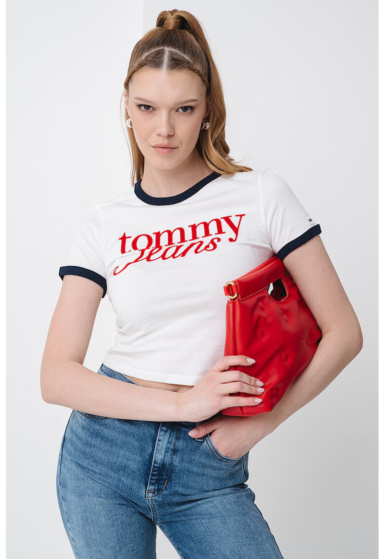 Tommy Jeans Слим къса тениска с лого - Аленочервен/Мръснобял/Тъмносин