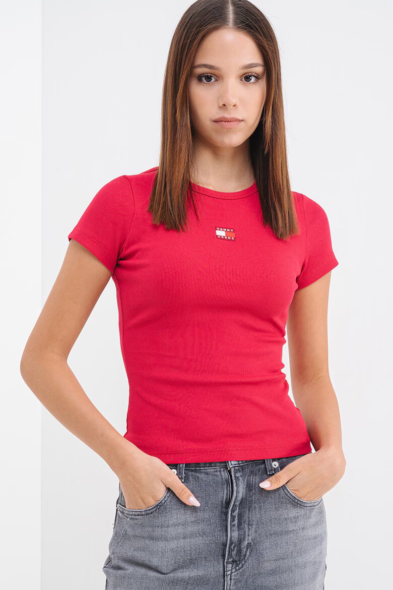 Tommy Jeans Слим тениска с рипс Малина/Розово