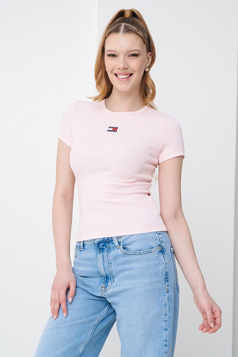 Tommy Jeans Слим тениска с рипс Светлорозов
