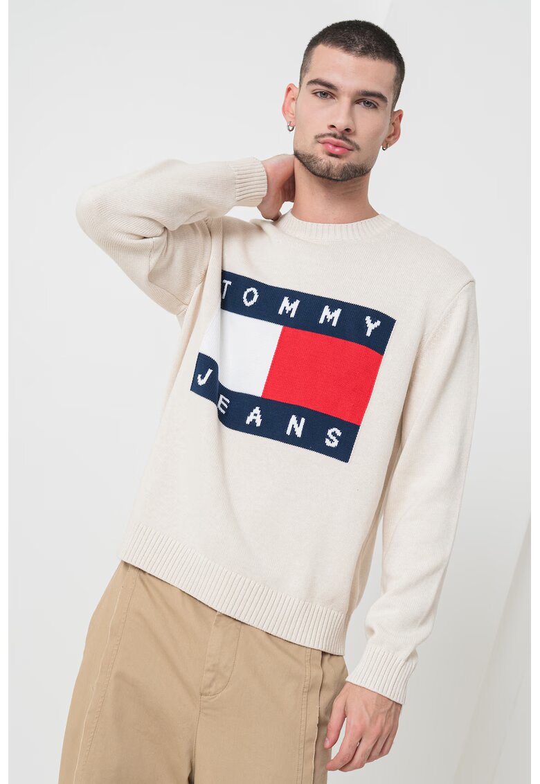 Tommy Jeans Стандартен пуловер с уголемено лого - Червен/Светло бежово/Тъмносин