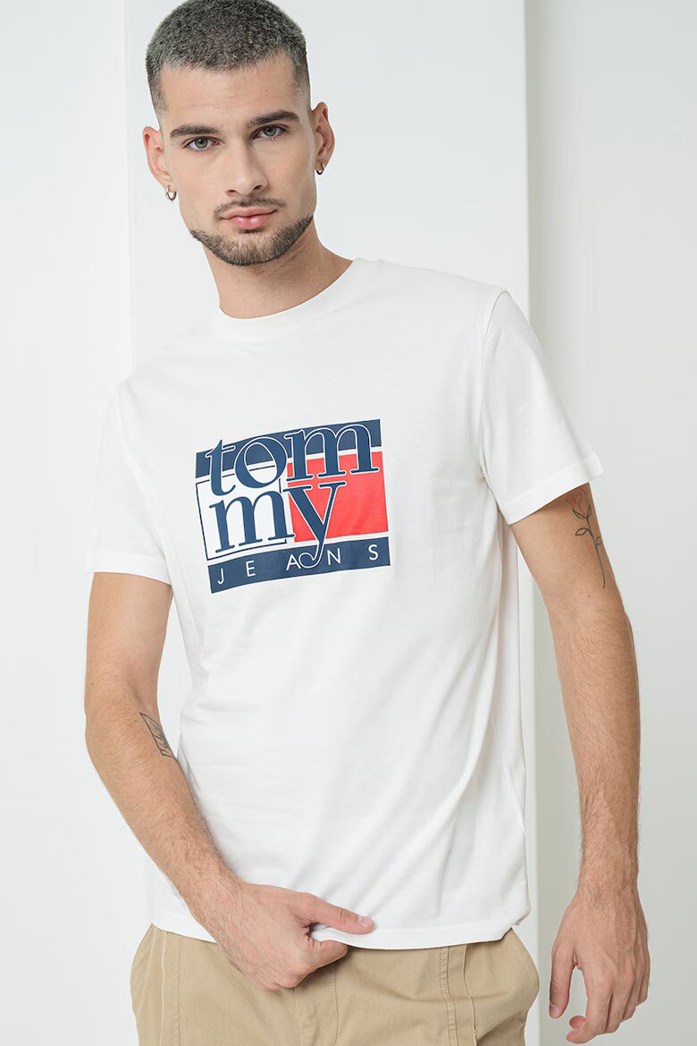 Tommy Jeans Стандартна тениска с фигурален принт Мръснобял/Тъмносин