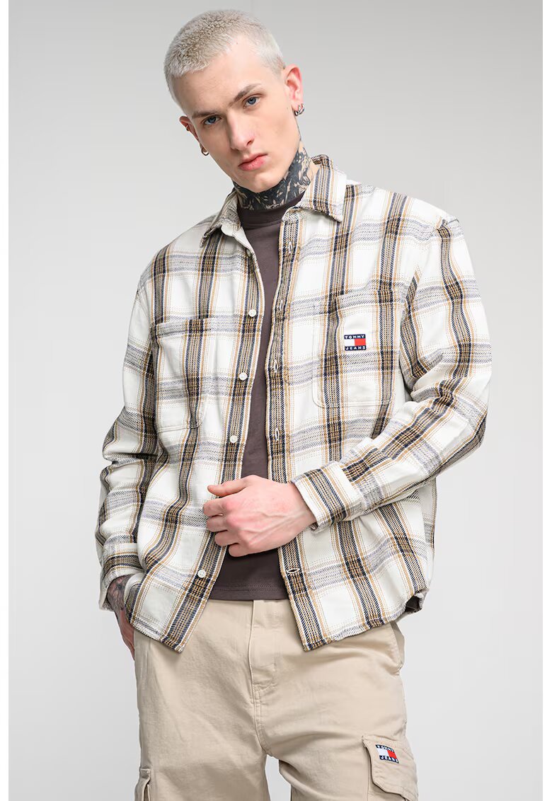 Tommy Jeans Свободна риза на каре - Зелен/Черен/Крем