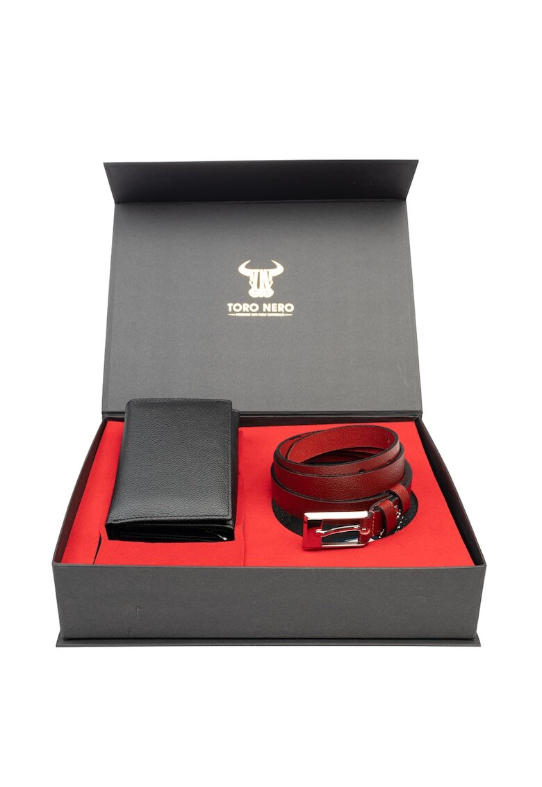 Toro Nero Дамски портфейл и комплект колан - естествена кожа - черно-червен - Little-Slim - 13*9.5*3
