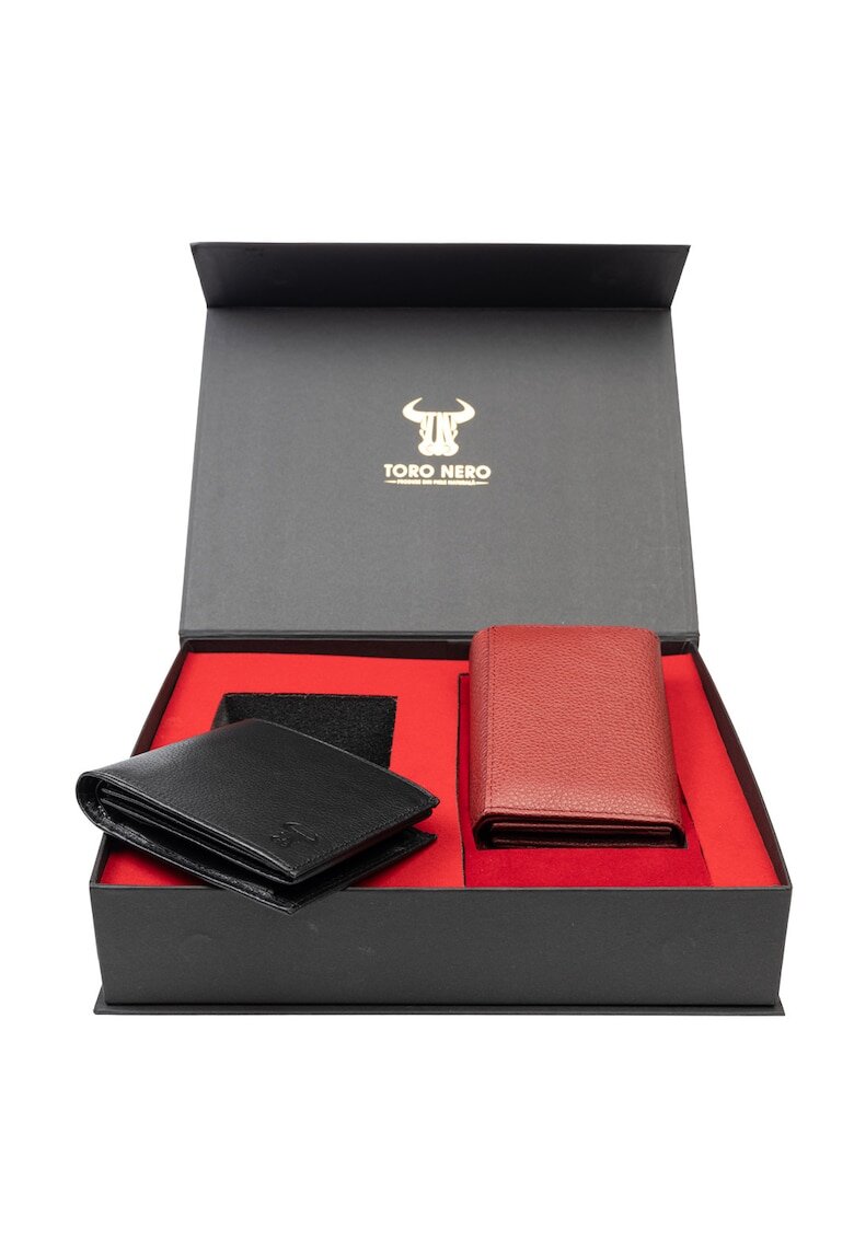Toro Nero Комплект дамски портфейл и мъжки портфейл естествена кожа - Червен/Черен
