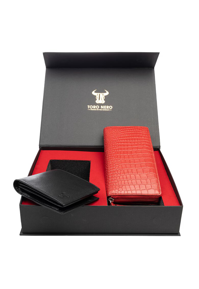 Toro Nero Комплект дамски портфейл и мъжки портфейл - естествена кожа - червен - Gia-Muselles