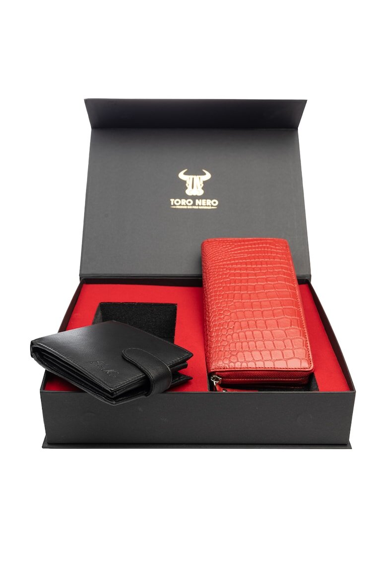 Toro Nero Комплект дамски портфейл и мъжки портфейл естествена кожа червен Gia-Viki