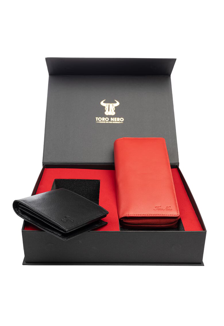 Toro Nero Комплект дамски портфейл и мъжки портфейл - естествена кожа - червен - Gina-Muselles