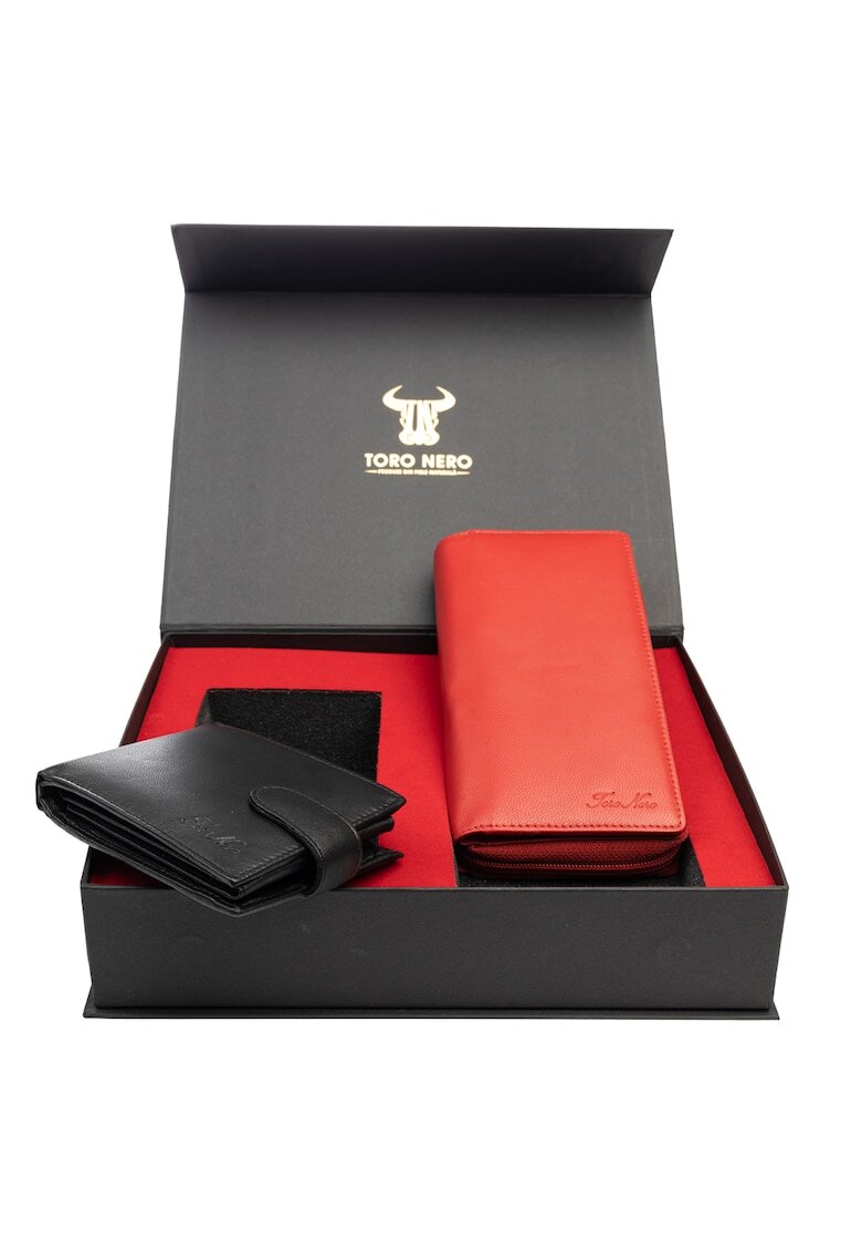Toro Nero Комплект дамски портфейл и мъжки портфейл - естествена кожа - червен - Gina-Viki
