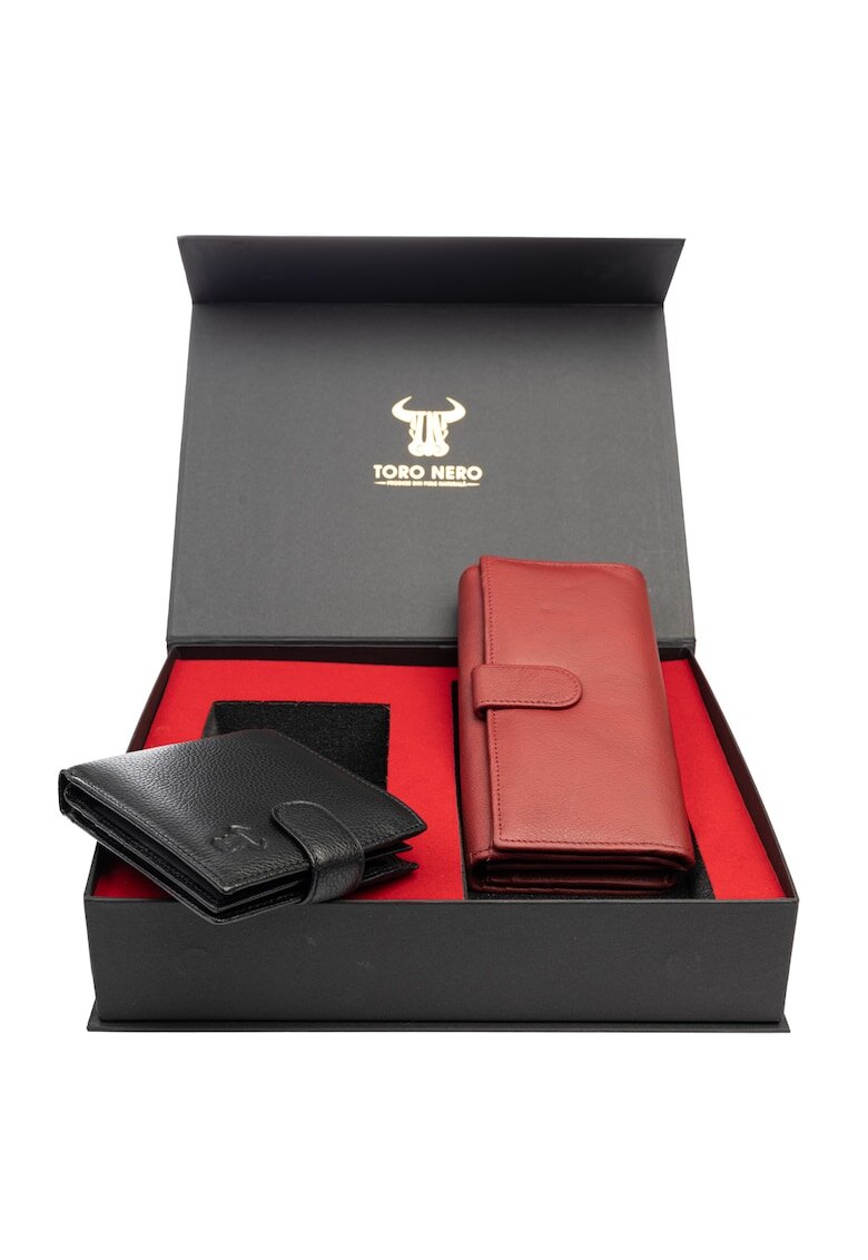 Toro Nero Комплект дамски портфейл и мъжки портфейл - естествена кожа - Reset-Vita Opzioni - 64875 - Червен/Черен - 9.5*19*3