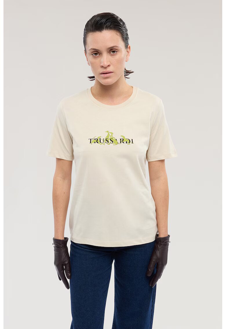Trussardi Памучна тениска с бродерия - бледо маслини/Тревисто