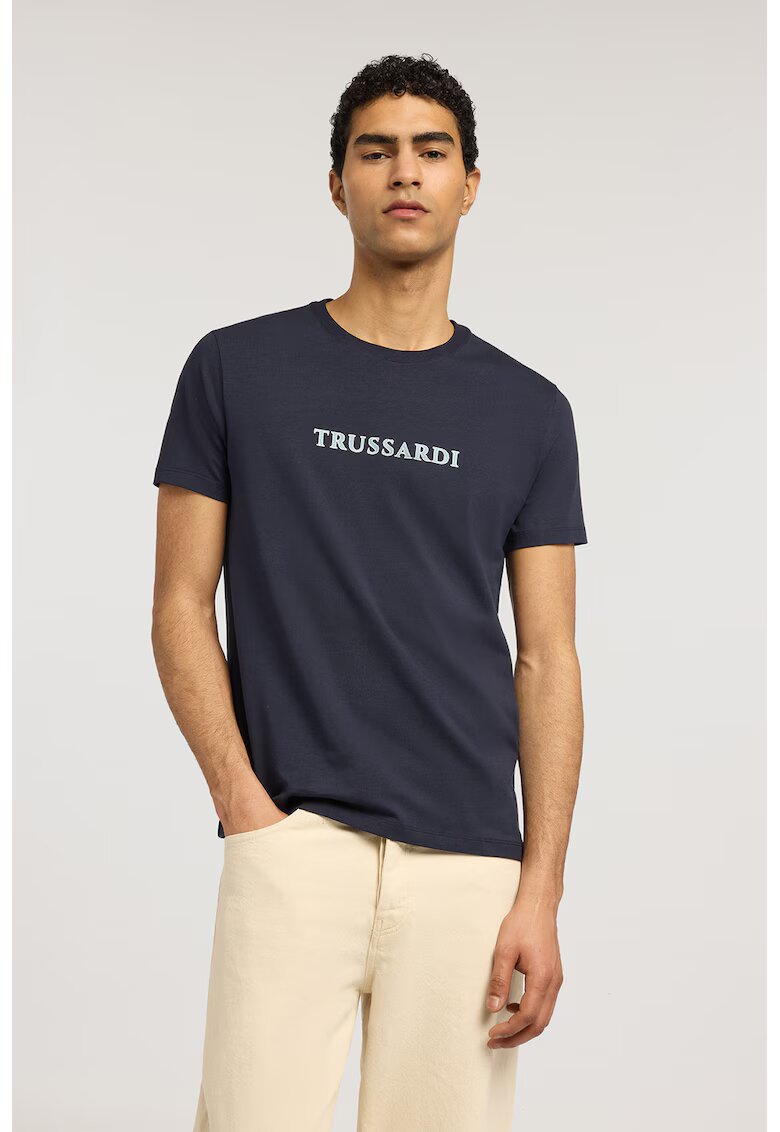 Trussardi Памучна тениска с лого - Пастелносин/Екрю