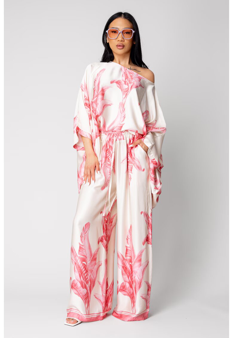 uFIT Комплект от блуза и дълъг панталон в копринена смес Off White/ Rose 16714 - Бял