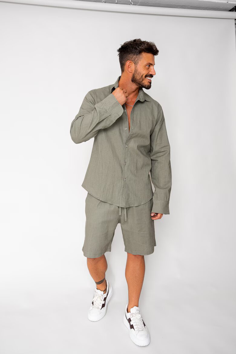 uFIT Комплект риза и къси панталони Lino 100% Dark Olive 17950 Тъмнозелена маслина