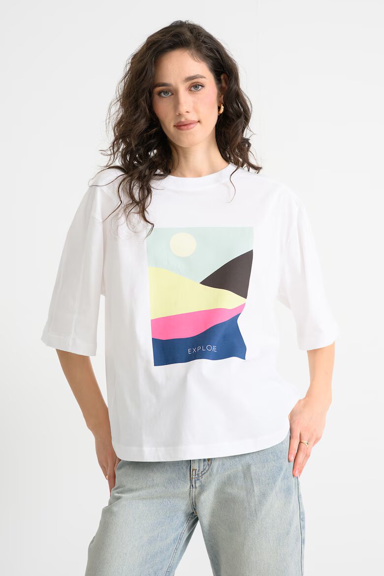 United Colors of Benetton Свободна блуза с принт и среднодълги ръкави Бледозелен/Бял