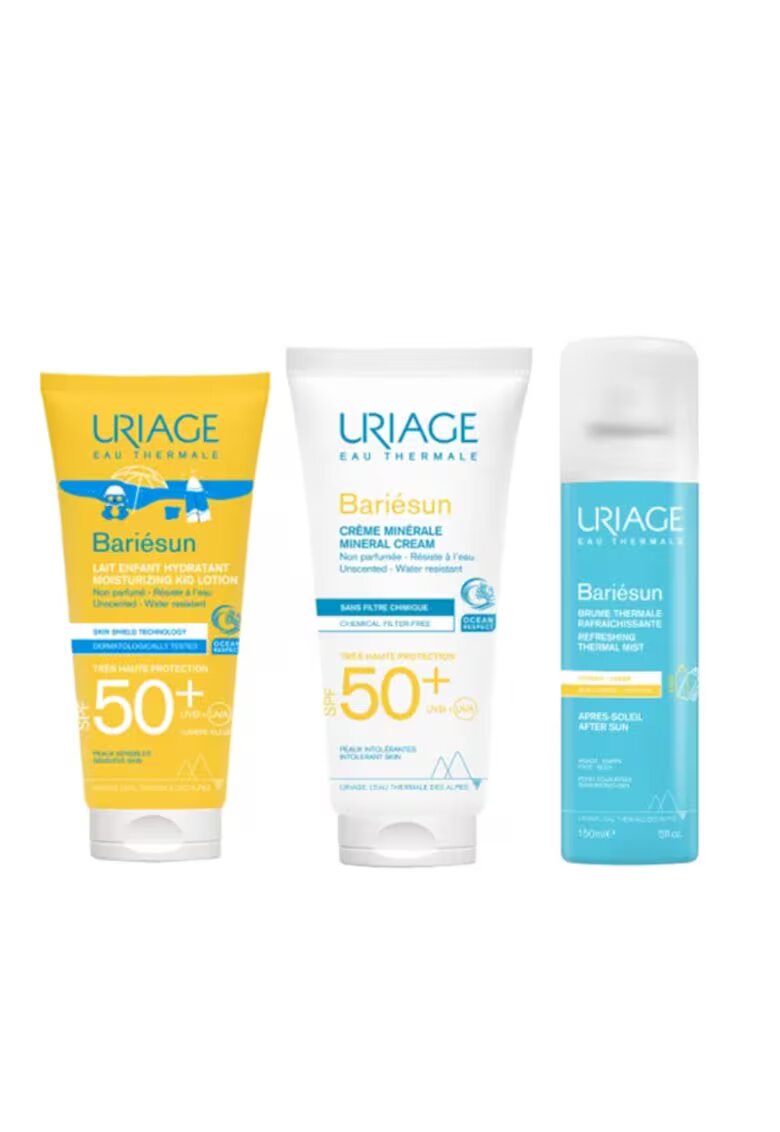 Uriage Bariesun Семеен комплект със слънцезащита SPF 50+ и грижа за след слънце – Бебешки лосион 100 мл - Минерален крем 100 мл - Спрей за след слънце 150 мл