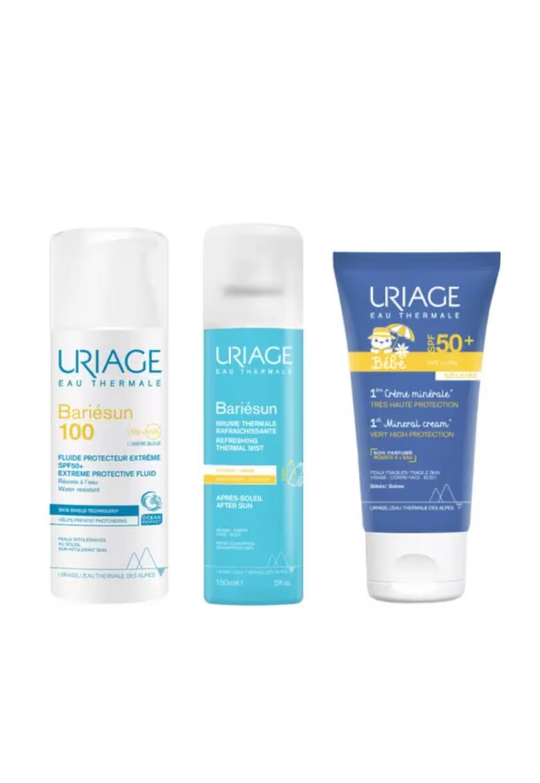 Uriage Bariesun Слънцезащитен комплект SPF 50+/100 за възрастни и бебета – Флуид SPF 50+ 200 мл - Минерален бебешки крем 50 мл - Спрей за след слънце 150 мл