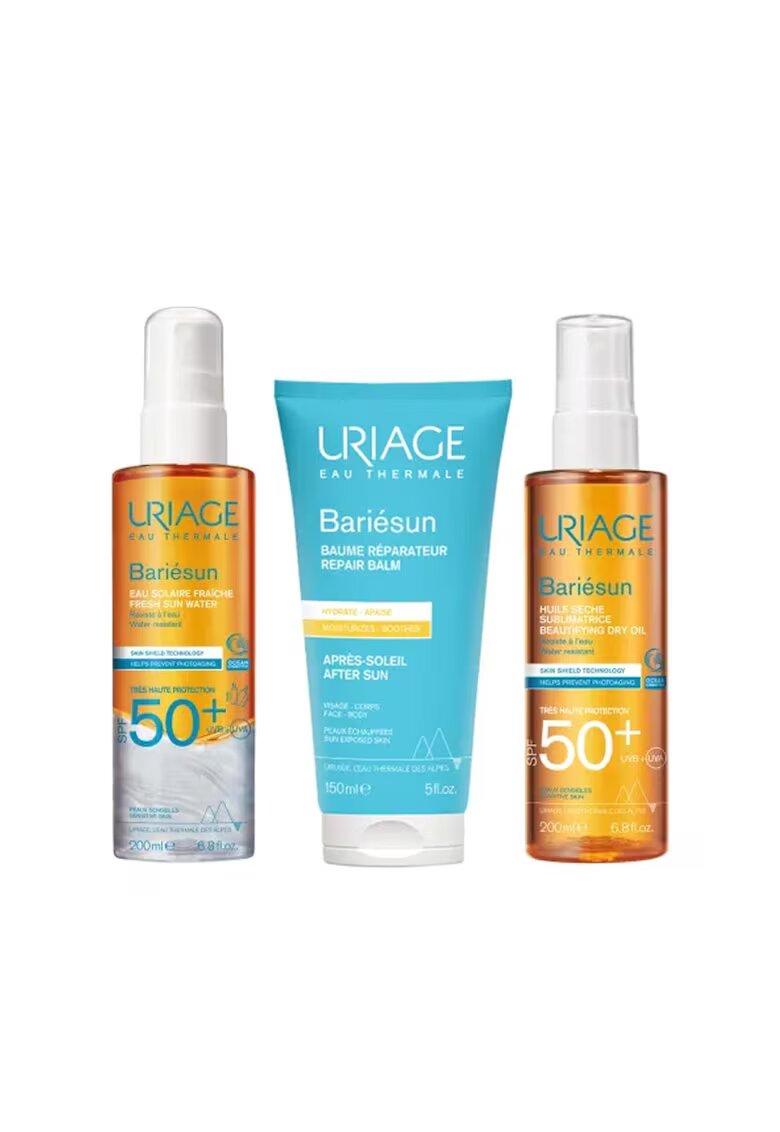 Uriage Комплект Bariésun със слънцезащита SPF 50+ и грижа за след слънце – слънчева вода 200 мл - сухо масло 200 мл - възстановяващ балсам 150 мл