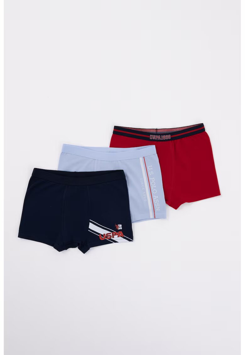 US Polo Assn Боксерки с памук и лого - 3 чифта - Червен/Пастелносин/Тъмносин