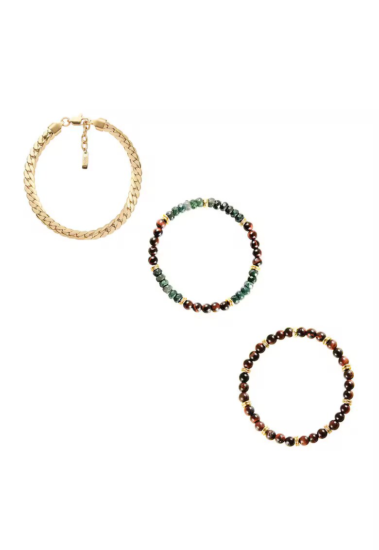 US Polo Assn Гривна-верижка и еластични гривни Voyager - 3 броя - Златист/Коняк кафяв/Папратово зелено