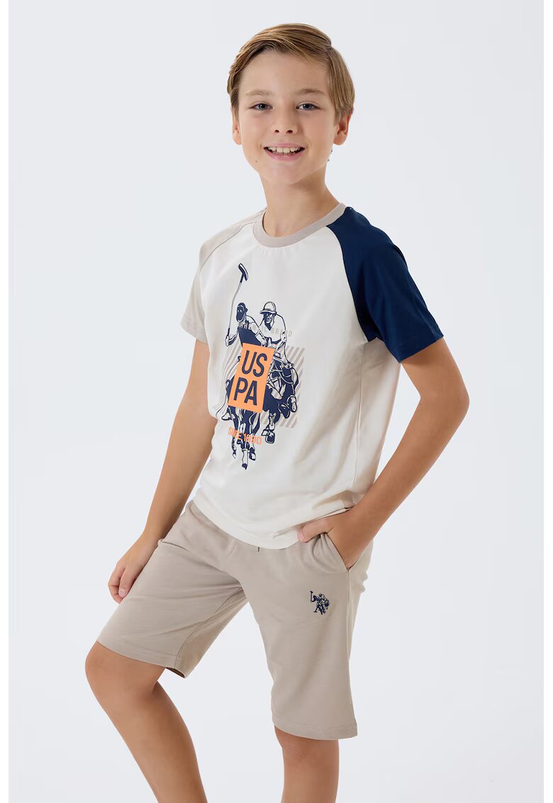 US Polo Assn Къс спортен екип с лого - Бял/Светло бежово/Тъмносин