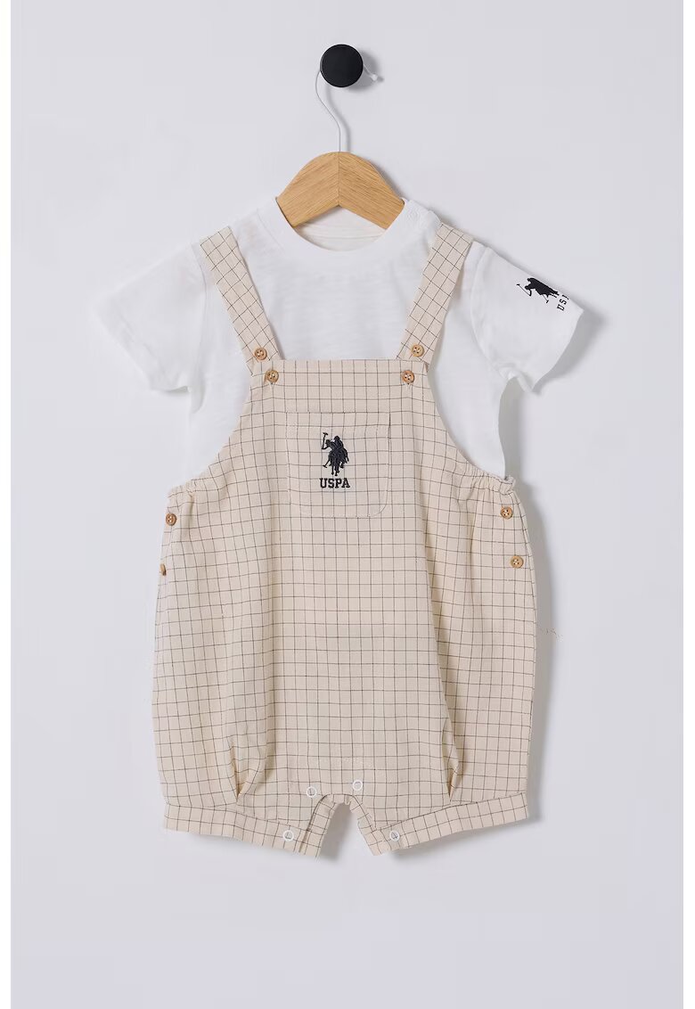 US Polo Assn Памучен кариран гащеризон и тениска - 2 части - Бял/Бежов