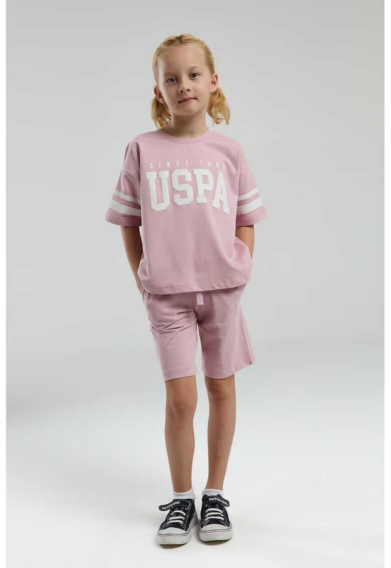 US Polo Assn Памучна тениска и къс панталон - 2 части - Бял/Пастелнорозов